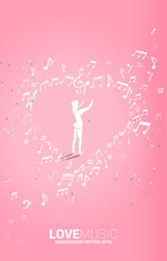 Vector silhouette of conductor hand hold baton stick with heart music note flying . Concept background for love song and concert theme.