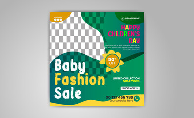 Baby Kids Fashion Sales Banner Childrens Day Social Media Post Template Design 