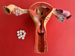 Uterus pills on red background. Diseases and treatment of reproductive system in women