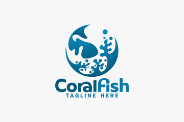 coral fish logo with coral ecosystem and swimming fish.