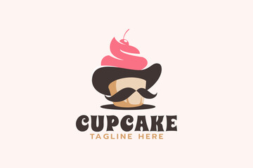 mr. cupcake logo with a combination of a hat, mustache, and cupcake.