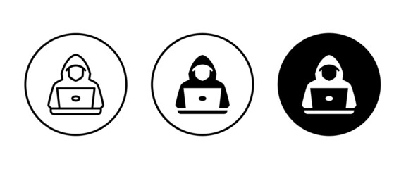 Computer hacker with laptop icon, Spy agent searching sign, symbol, logo, illustration, editable stroke, flat design style isolated on white