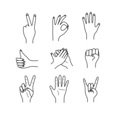 Hand gestures, vector illustration set of icons of various hand signs thin lines