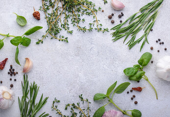 Rosemary, thyme and basil. Fresh garden herbs