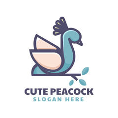 Vector Logo Illustration Peacock Simple Mascot Style.