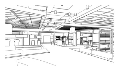 line drawing of restaurant and mall,Modern design,3d rendering