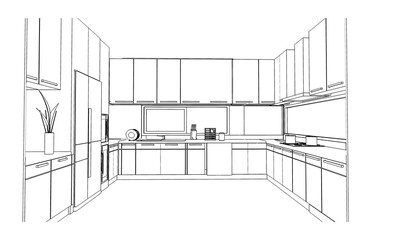 line drawing of kitchen room,Modern design,3d rendering