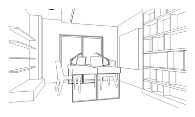 line drawing of office area,Modern design,3d rendering