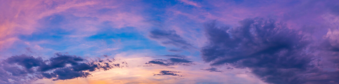 Dramatic panorama sky with cloud on sunrise and sunset time. Panoramic image.