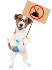 Jack russell terrier puppy wearing eyeglasses holds sign "no dog poop" and plastic bag. Concept cleaning up dog droppings. isolated on white background