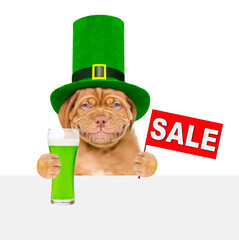 St. Patricks Day. Funny puppy wearing hat of the leprechaun looks above empty white banner, holds...