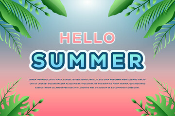 gradient hello summer background illustration with tropical leaves