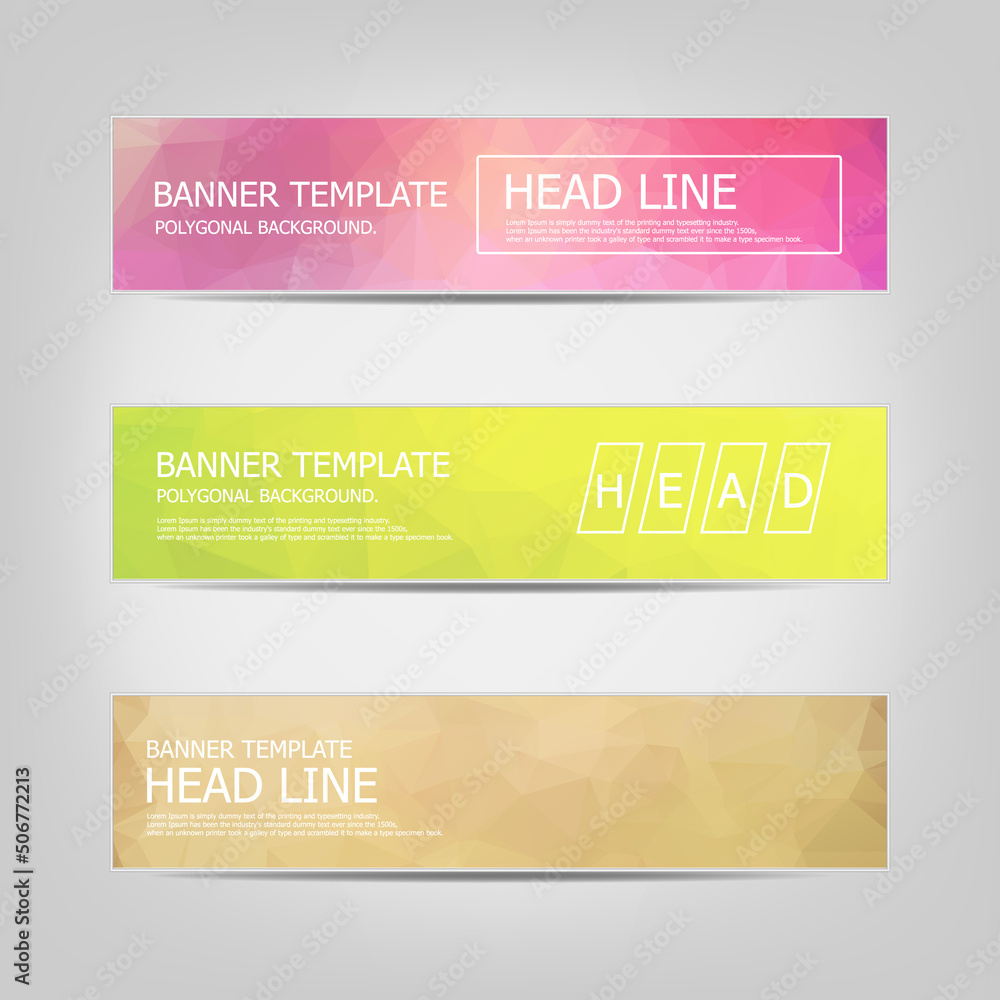 Poster set of banners with a polygonal geometric background with different design elements and colors. desi