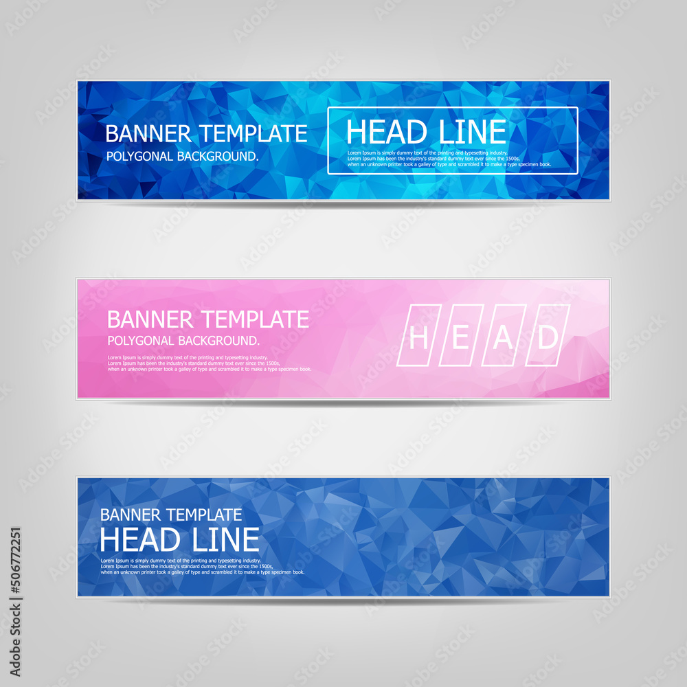 Poster set of banners with a polygonal geometric background with different design elements and colors. desi