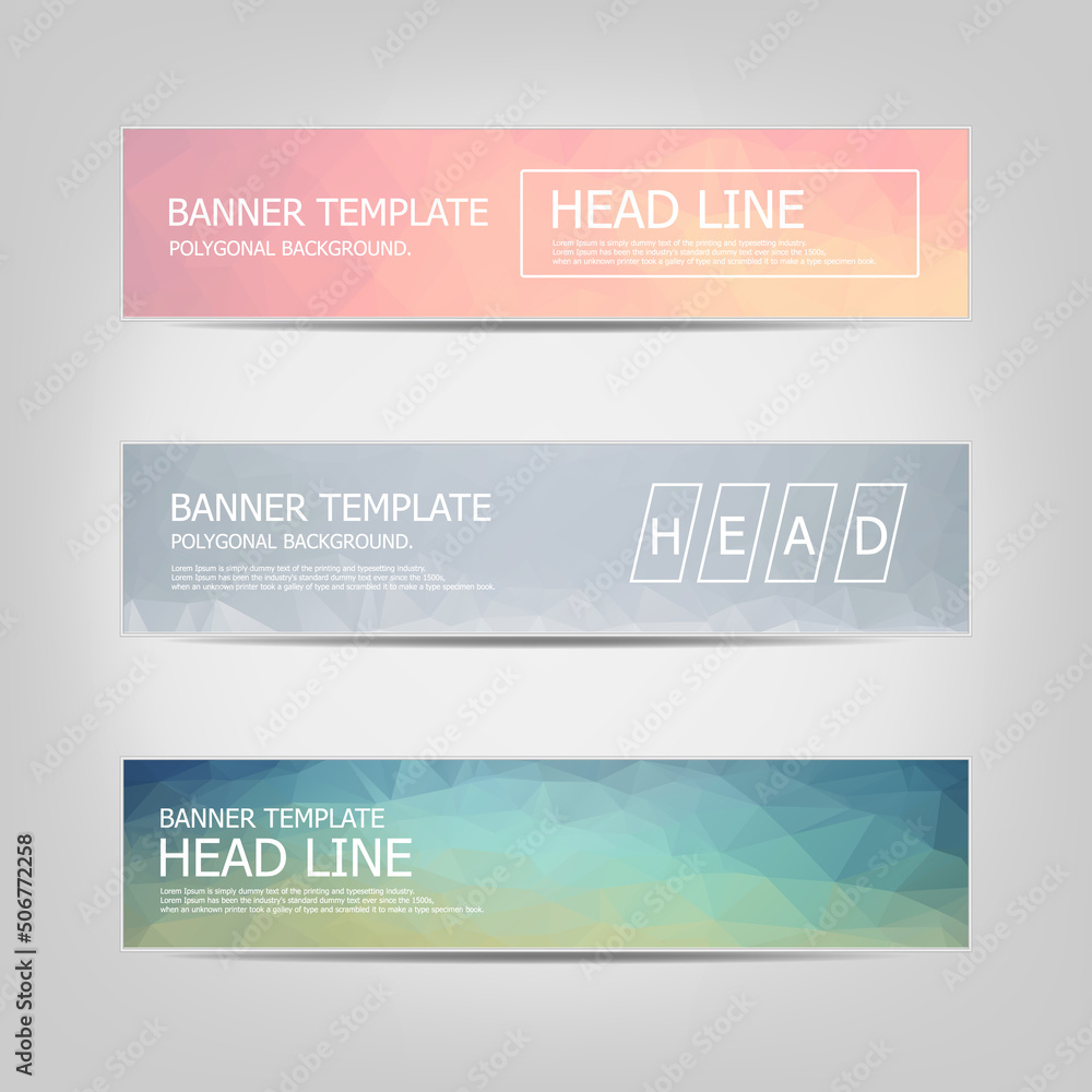 Aufkleber set of banners with a polygonal geometric background with different design elements and colors. desi