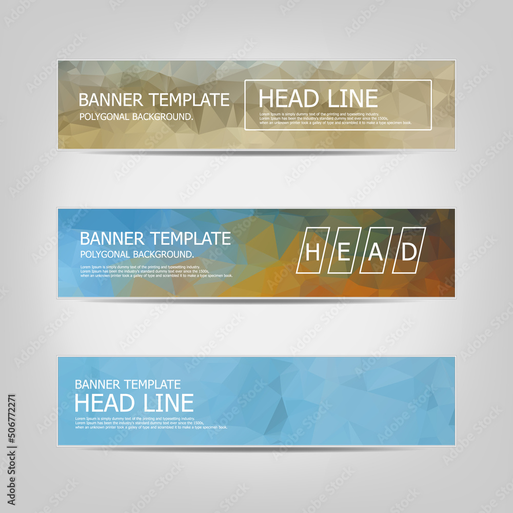 Poster set of banners with a polygonal geometric background with different design elements and colors. desi