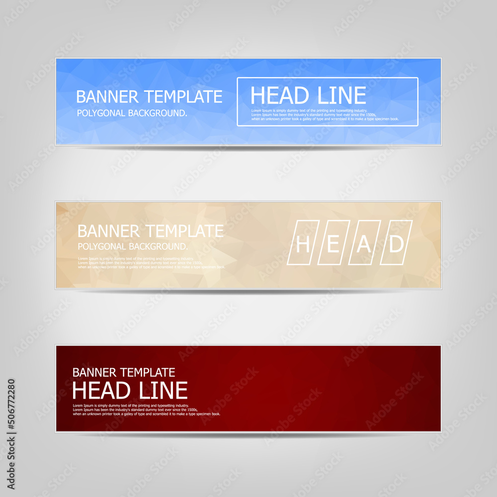 Poster set of banners with a polygonal geometric background with different design elements and colors. desi