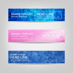 Set of banners with a polygonal geometric background with different design elements and colors. Design of flyers, banners, brochures and cards, Corporate Identity, Advertising printing.