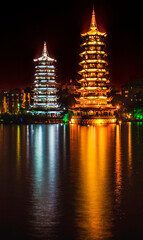 Gold Silver Pagodas Night Illuminated Guilin China