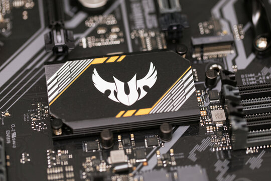 Partial image of Tuf Gaming b450 plus motherboard. Russia, 17.08.2021