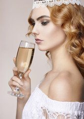 beautiful girl with champagne at christmas party