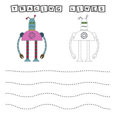 
Tracing lines game with funny robots. Worksheet for preschool kids, kids activity sheet, printable workshee
