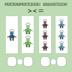 math problem: Greater, less, or equal. Count the number of cartoon colored  robots and compare. Educational math game for children.