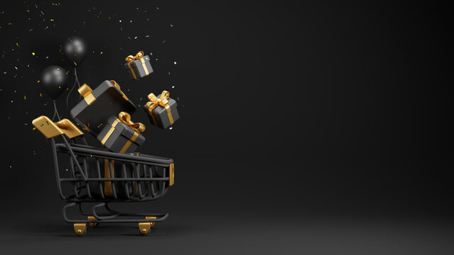 Black friday sale design of shopping cart and gift box with confetti on black background 3D render