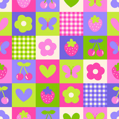 Cute flower, butterfly, cherry, strawberry, heart and plaid with square pattern background.
