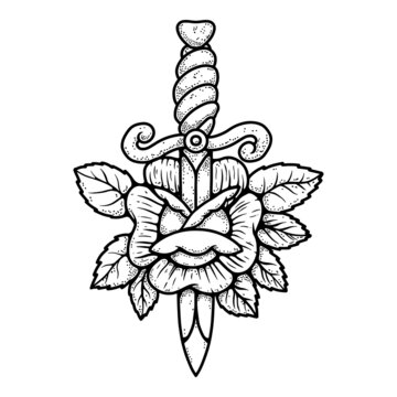 Illustration of dagger with rose in tattoo style. Vector illustration