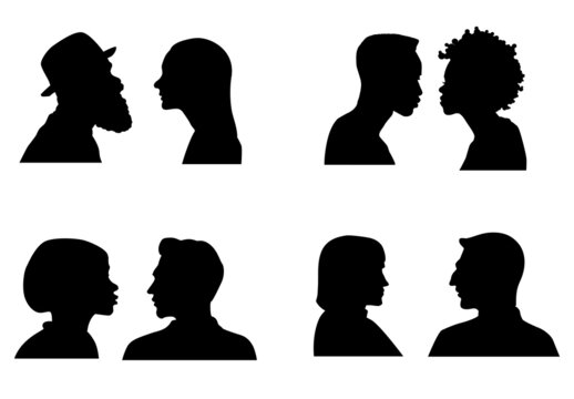 Side view of different cartoon woman and man faces Silhouettes Premium vector template 