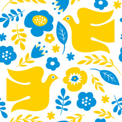 Fototapeta na wymiar Seamless pattern with birds and flowers. Yellow and blue colors