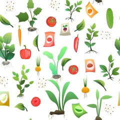 Seedling garden plants with roots and Sunflower seeds. Vegetables fruits. Sowing agricultural material. Seamless pattern. Isolated on white background. Vector