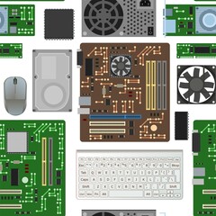 Spare part for personal computer. Seamless pattern. Board RAM memory. Power supply hard drive. PC or laptop accessories. Keyboard and mouse. Isolated on white. Motherboard and video card. Vector