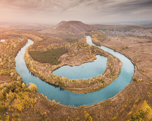 Bend of the Belaya River and the picturesque Shihan Hill. Aerial view of the tourist attractions of...