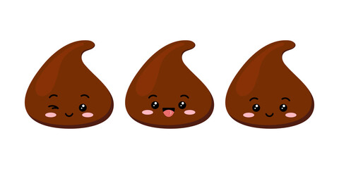 Cute chocolate chips piece emoji character vector icon set. Kids milky smilling, luaghing and winking choco chunk with face. Kawaii cartoon style cacao sweet food morsel emoticon illustration.
