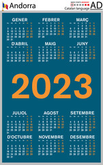 Catalan vertical pocket calendar for 2023. Week starts Monday - obrazy, fototapety, plakaty