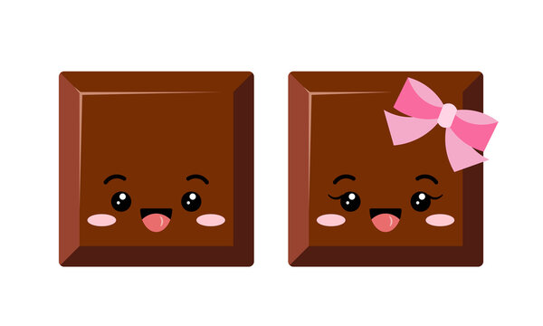 Cute chocolate bar piece emoji character vector icon set. Flat yummy square milky smilling boy and girl choco chunk with face. Kawaii cartoon style cacao sweet food morsel emoticon illustration.