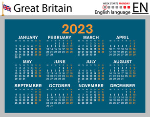 English horizontal pocket calendar for 2023. Week starts Monday