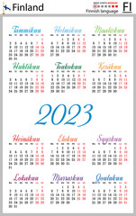 Finnish vertical pocket calendar for 2023. Week starts Monday