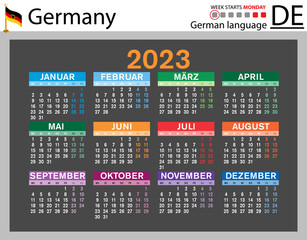 German horizontal pocket calendar for 2023. Week starts Monday