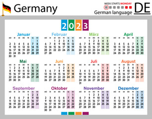 German horizontal pocket calendar for 2023. Week starts Monday