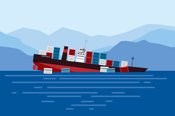 Shipwreck of cargo ship in ocean, vessel going under water and goods containers. Marine transport crash, vector - obrazy, fototapety, plakaty