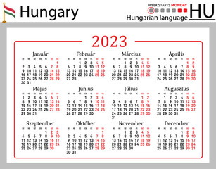 Hungarian horizontal pocket calendar for 2023. Week starts Monday