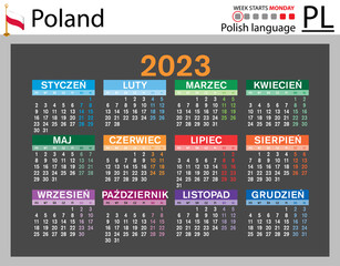Polish horizontal pocket calendar for 2023. Week starts Monday