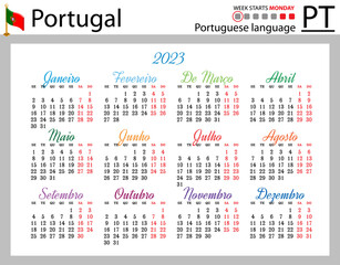 Portuguese horizontal pocket calendar for 2023. Week starts Monday