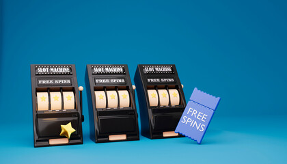 Online casino. 3D realistic slot machines with free spins on blue background. Gambling concept design. 3d rendering illustration
