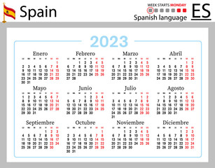 Spanish horizontal pocket calendar for 2023. Week starts Monday