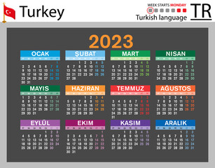 Turkish horizontal pocket calendar for 2023. Week starts Monday