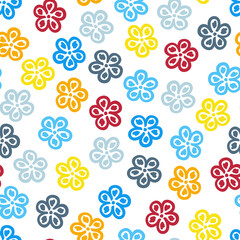 Modern Floral Seamless Pattern of Hand-Drawn Blue, Gray, Red, Yellow, Flowers on White Backdrop.